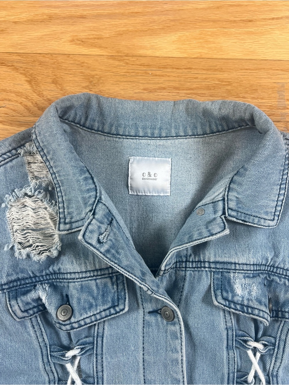 O&O Denimwear Corset Tie Light Wash Distressed Denim Jacket Size M - Picture 8 of 16